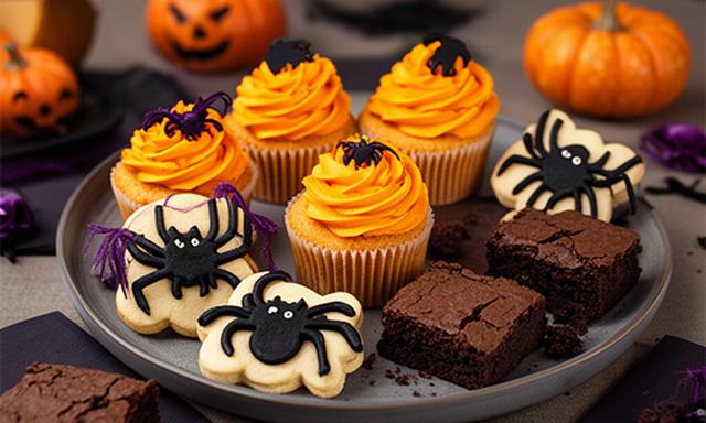 Bandeja de Halloween con cupcakes de calabaza, galletas de araña y brownies de chocolate en Murcia