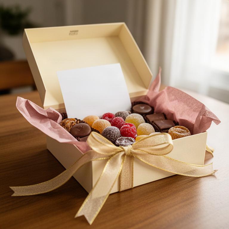 Caja de regalo abierta con dulces artesanales, tarjeta escrita y lazo sobre una mesa de una vivienda en Murcia