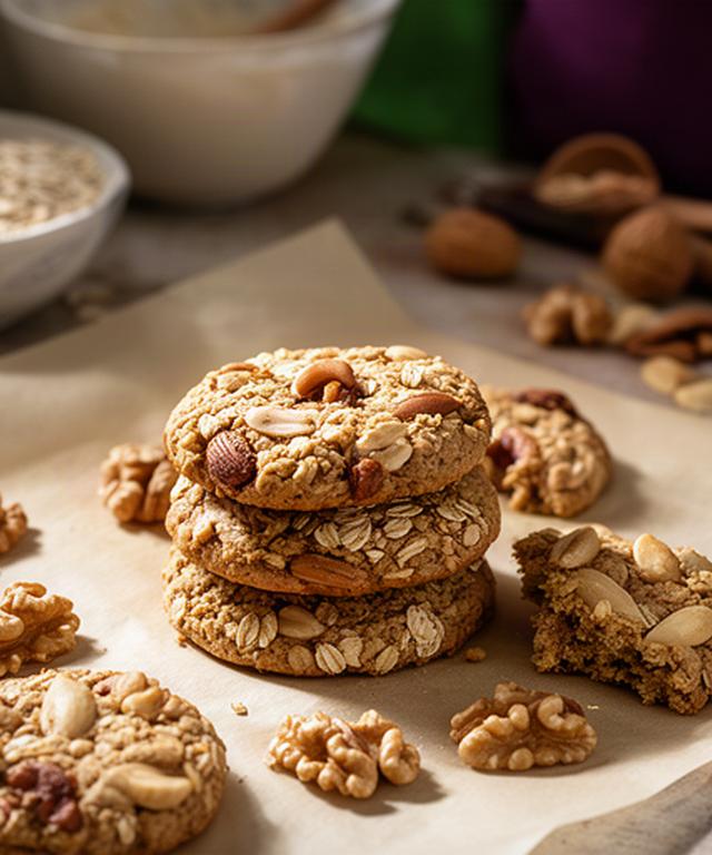 Galletas artesanas de avena con frutos secos colocadas sobre papel de horno en el obrador