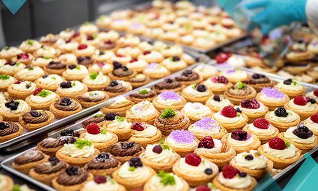 Doscientas mini tartaletas con logotipo corporativo preparadas para un evento de empresa