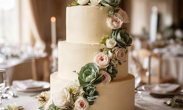 Tarta de boda de tres pisos con flores comestibles sobre una mesa elegante