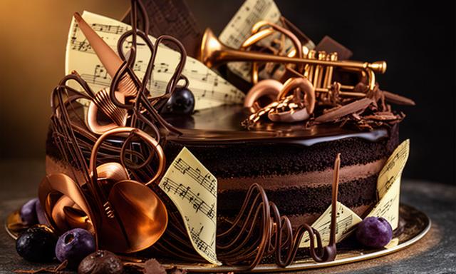 Tarta temática para adulto decorada con elementos de música y chocolate