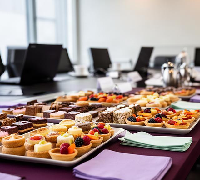 Bandejas de petit fours y mini tartaletas sobre una mesa de reuniones con ordenadores al fondo