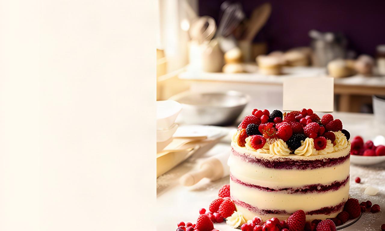 Tarta artesanal decorada con frutos rojos y cartel sin gluten sobre una mesa luminosa de pastelería en Murcia