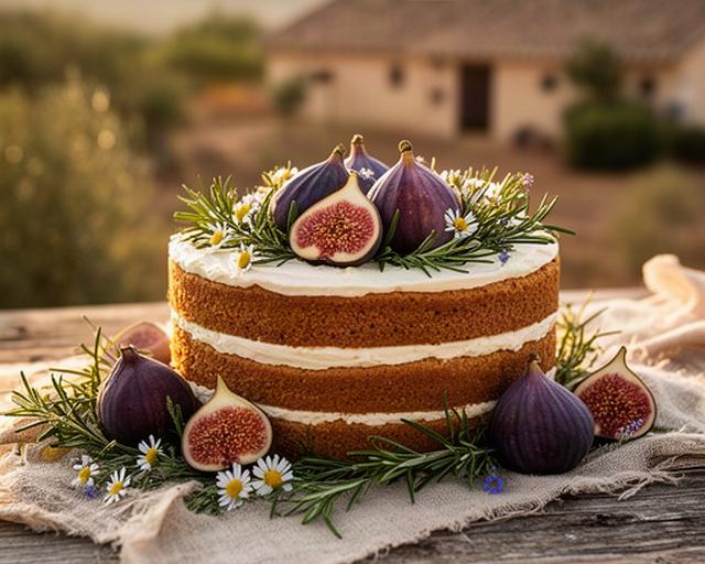 Tarta rústica de boda decorada con higos, romero y flores naturales en un entorno rural murciano