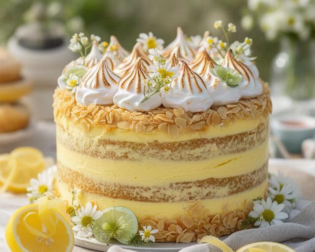 Tarta semi naked de boda con crema de limón, merengue y flores pequeñas en Murcia