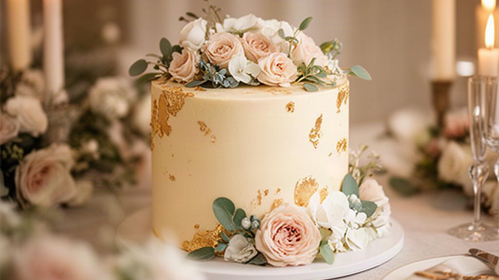 Tarta elegante de aniversario de bodas con flores y detalles dorados sobre una mesa íntima